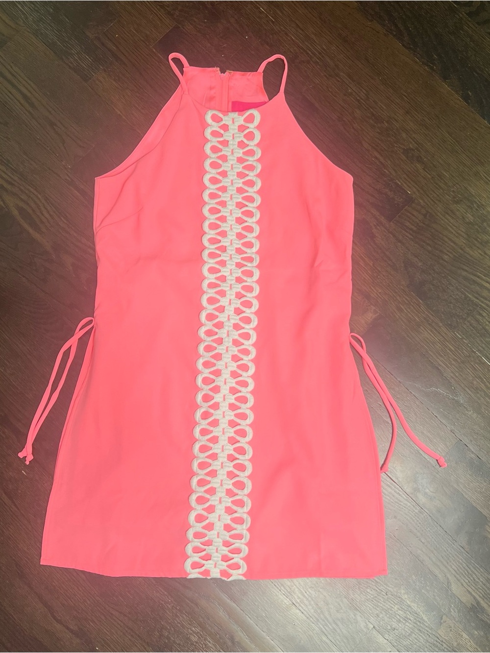 Lilly Pulitzer Neon Coral Halter Dress with Cream Lace Trim